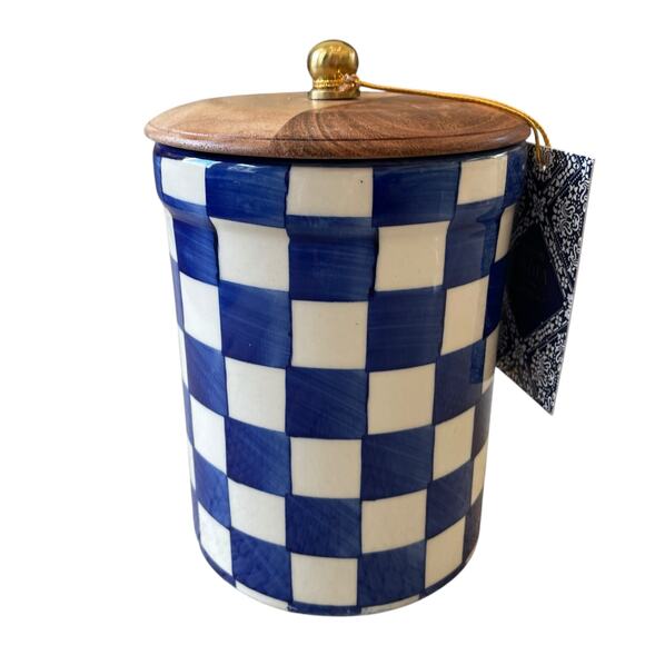Hand Painted Checkered Ceramic Canister w/ Wood Lid Made in India Blue White NEW - Picture 9 of 16